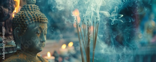 A close-up of incense sticks burning slowly beside a Buddha statue during the bathing photo