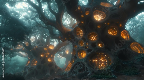 An ancient forest inhabited by sentient beings made of living wood, their intricate carvings and patterns glowing softly in the moonlight