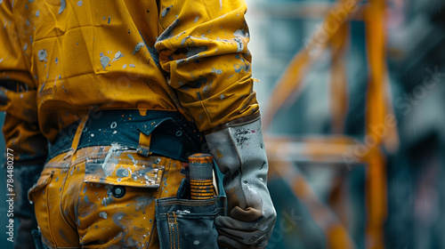 Close-up of the construction worker's hand holding a tool belt