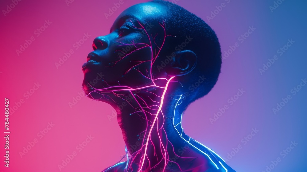 Conceptual portrait of a person with a visible glowing network of veins, set against a vibrant pink and blue background. Conceptual portrait of a person with a visible glowing network of veins, set against a vibrant pink and blue background.