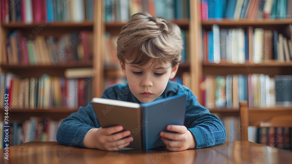 Cute little boy reading book in library at home in the morning Cute little boy reading book in library at home in the morning