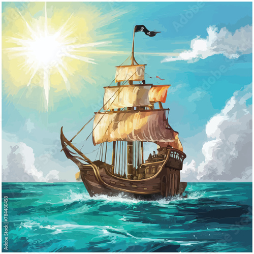 Pirate ship at sea golden mast shining summer ambiance surrounds the watercolor bursts with warmth and joy vector illustration