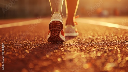 Close-up of runner's feet on a track at sunset, focusing on the shoes and the golden light reflecting on the ground. photo