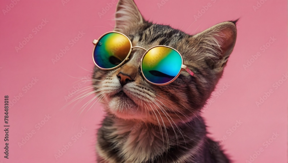 Illustration of a playful kitten flaunts rainbow-hued mirrored sunglasses against a lively pink background.