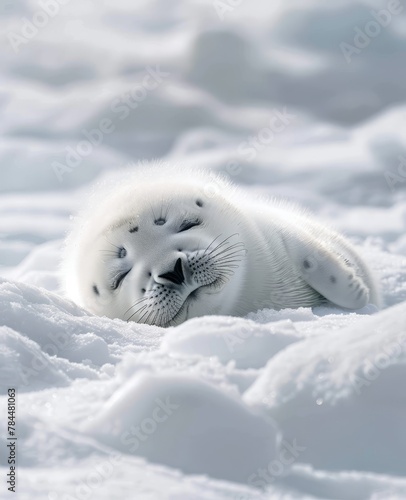   A baby seal rests in the snow atop a mound, its head supported on its back