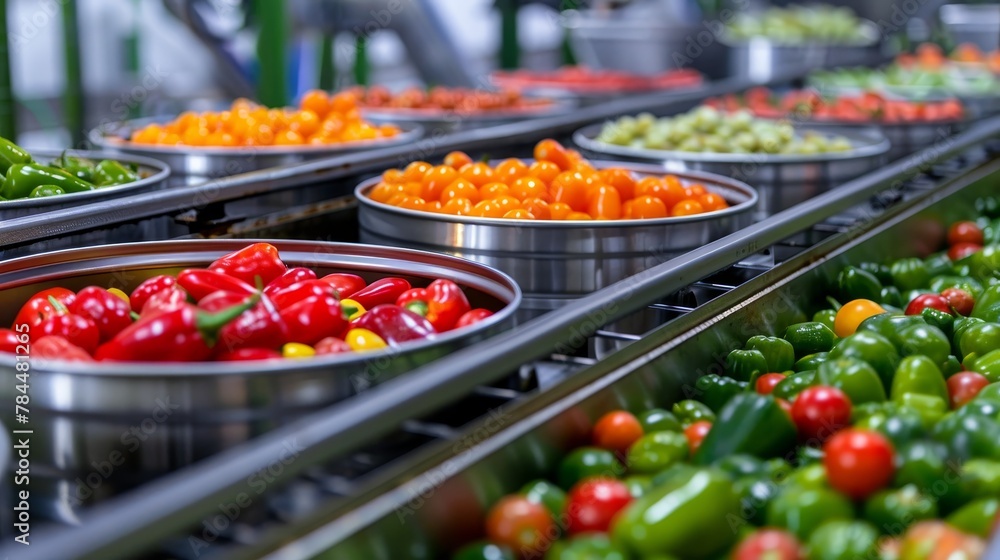 Vibrant bell peppers on a production line in a modern food processing plant.