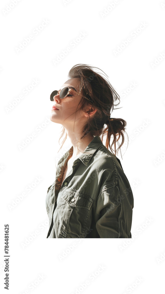 Stylish side view of American woman wearing sunglasses Stylish side view of American woman wearing sunglasses