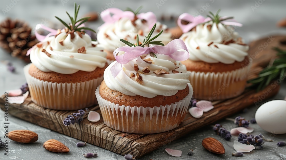   Three cupcakes, each topped with white frosting and colorful sprinkles, are arranged on a cutting board A pine cone rests nearby