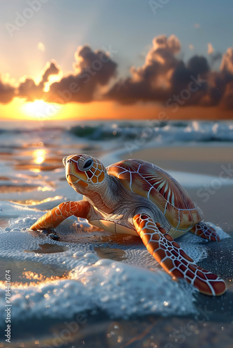 Loggerhead Turtle Crawling on Serene Tropical Beach at Sunset