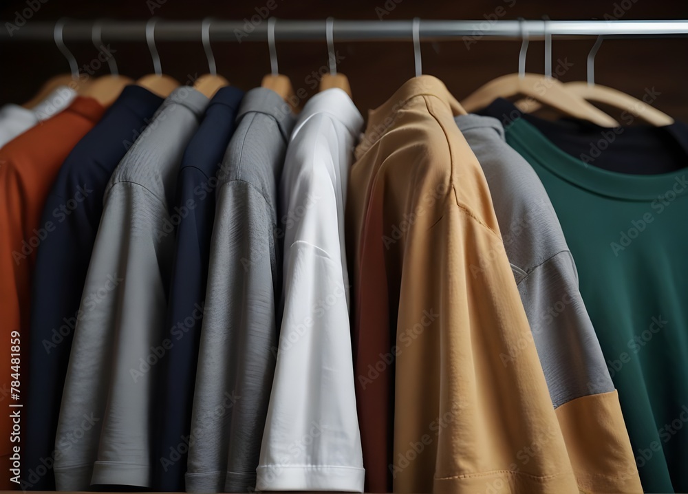 Obraz premium Close up of T-shirts on hangers, apparel background 