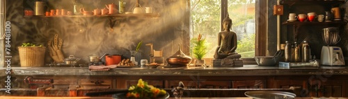 A rustic kitchen setting with a Buddha statue on the counter
