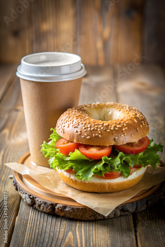 Vegetarian bagel sandwich with lettuce, tomato in sesame bun, served with a double coffee to go, on rustic wooden background. Perfect for cafe, fast food, takeaway menu cover or advertising