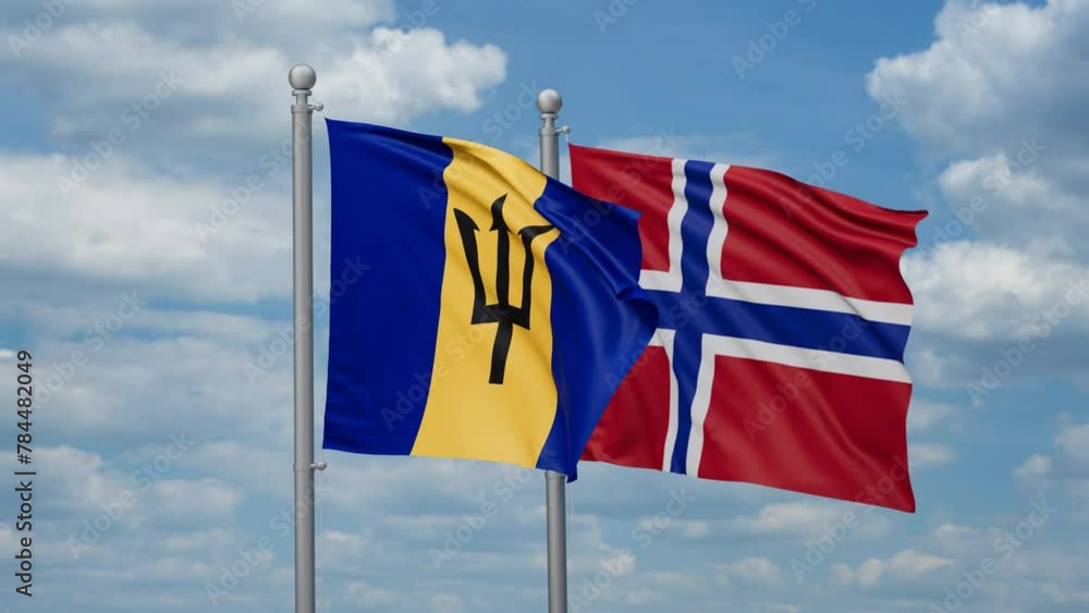 Norway and Barbados two flags waving together, looped video, two country relations concept Norway and Barbados two flags waving together, looped video, two country relations concept