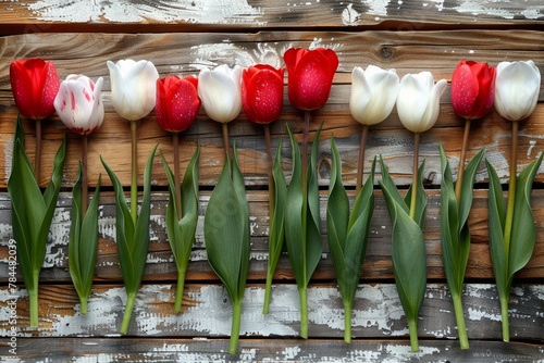 A beautiful arrangement of red and white tulips, each adorned with water droplets, are lined up side by side with their green stems and leaves intact, resting against a rustic wooden backdrop