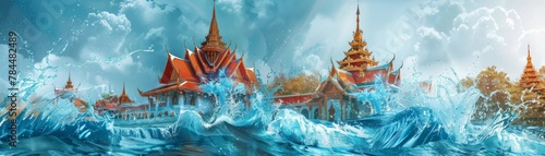 A Songkran music album cover featuring a splash of blue water against a stylized graphic of a Thai temple photo