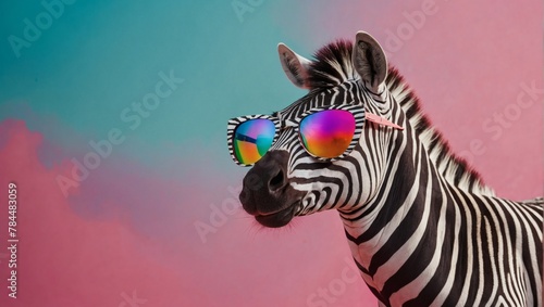 Illustration of a stylish zebra flaunts rainbow-hued mirrored sunglasses against a lively pink background.