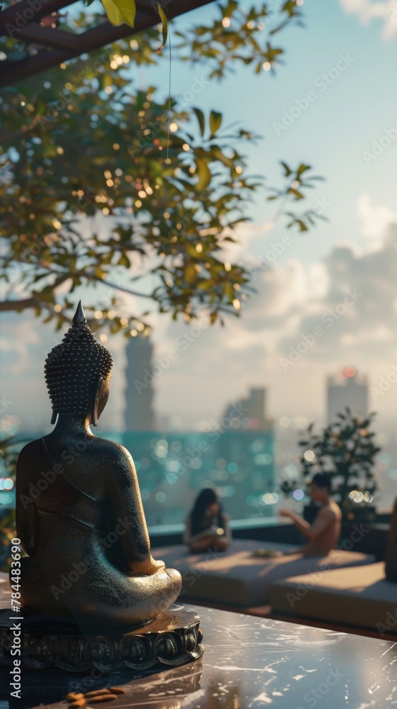 An urban rooftop with a simple Buddha statue where friends gather to celebrate Songkran against a city skyline