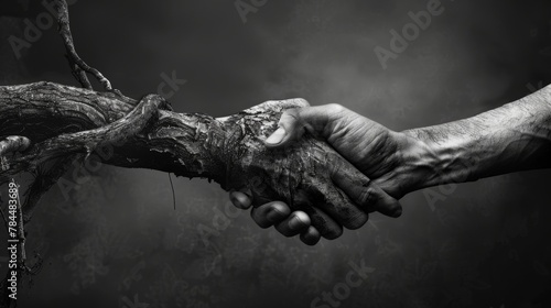 Monochromatic symbolic depiction of the hand-in-hand relationship between man and nature photo