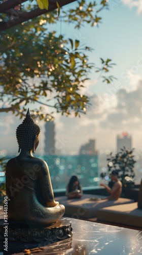 An urban rooftop with a simple Buddha statue where friends gather to celebrate Songkran against a city skyline