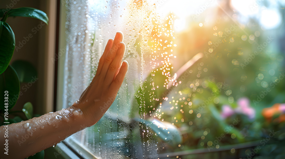 Woman hand wipes off water condensation from window glass at home. High humidity, poor ventilation in flat or house. Fogging up windows Woman hand wipes off water condensation from window glass at home. High humidity, poor ventilation in flat or house. Fogging up windows