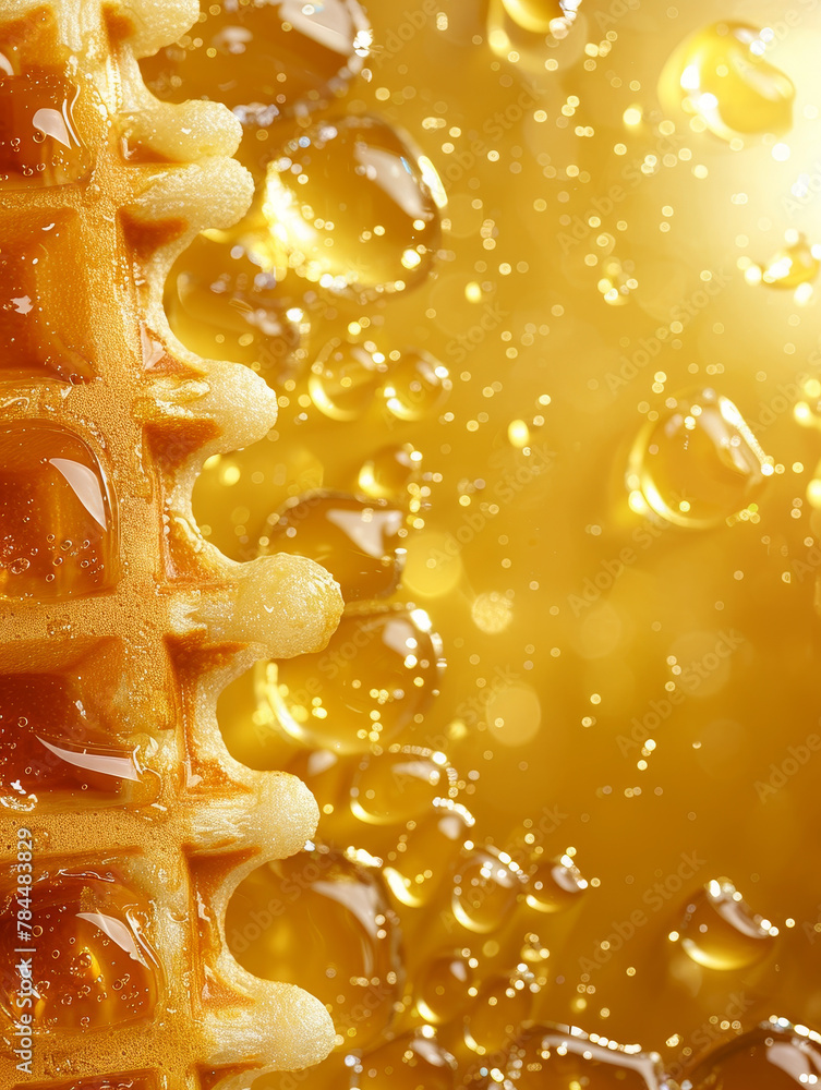Close-up of a waffle with honey drizzling, showing a shiny glaze.