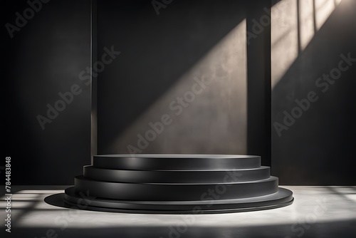 Black steel podium with sun shadow for product display in iron shape background 
