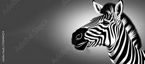 zebra with smile looking at camera neutral grey background  banner with space for text