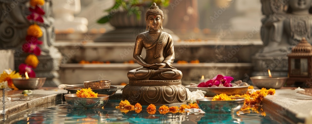 Buddha bathing ritual scene vibrant garlands