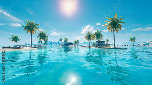 Luxury Resort Pool with Stunning Ocean Views, Palm Trees and Blue Sky, Ultimate Relaxation and Leisure