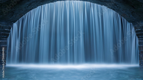 Majestic waterfall with a smooth curtain of water in twilight.