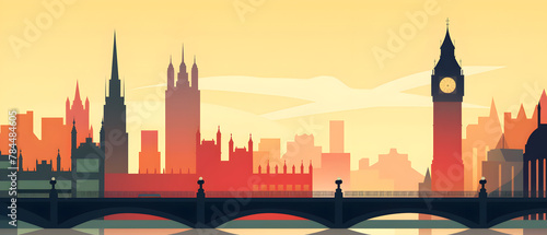 Drawing with London at sunrise. Cartoon illustration with Big Ben.