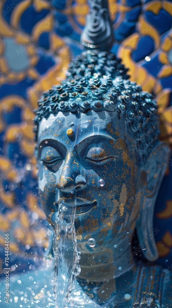 Close-up of a traditional Thai Buddha statue being washed with blue water during Songkran