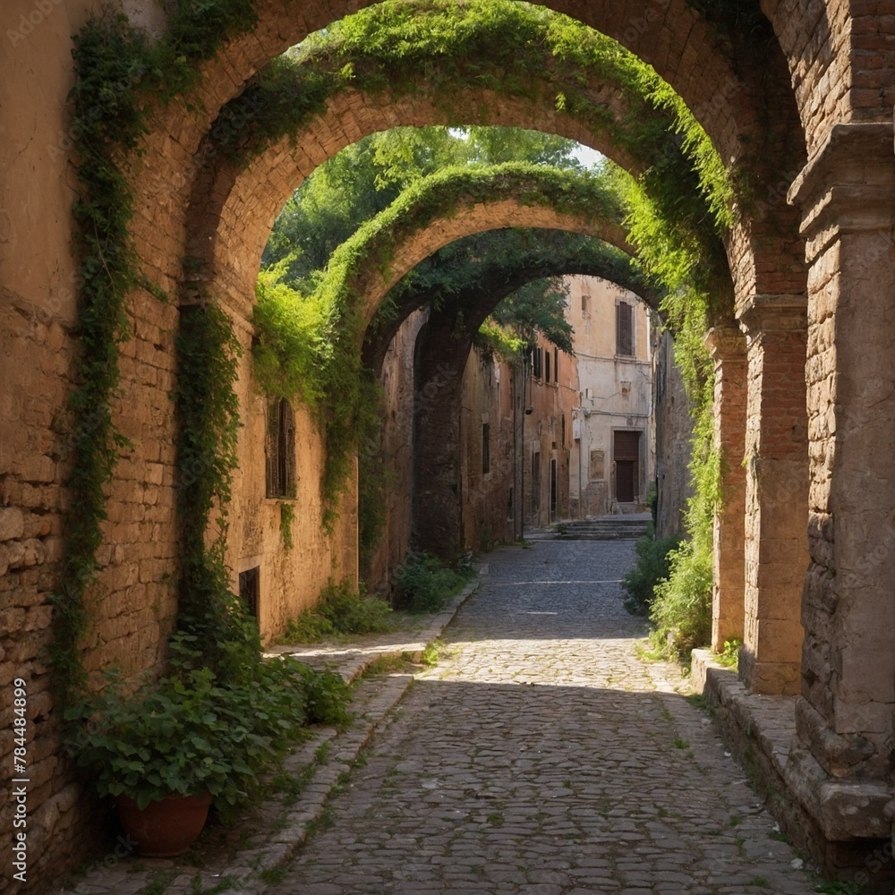Serene, picturesque alleyway, paved with cobblestones, flanked by aged, yet charming buildings, basks in gentle embrace of sunlight filtering through lush greenery adorning arches overhead.