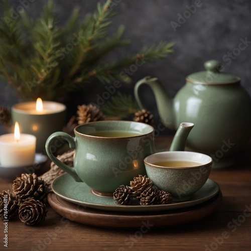 Serene, cozy atmosphere captured where steaming cup of tea sits next to smaller bowl of tea, both resting on round wooden tray. Green ceramic teapot matches cups, suggesting set,.