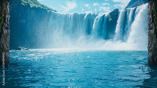 Majestic blue waterfall amidst towering cliff walls.