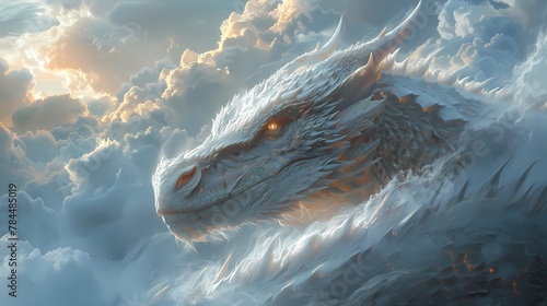 A close-up of a dragon's head emerging from a bank of clouds, its piercing eyes fixed on the horizon