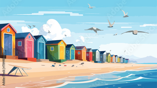 Quaint seaside village with colorful beach huts and