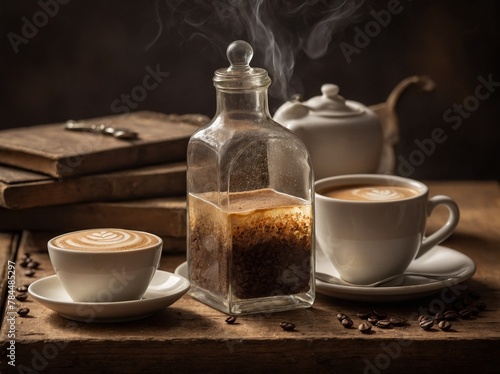 Two cups of coffee, each with unique design in foam, emit steam, indicating their warmth. These cups sit next to glass container filled with brown sugar. Setting rustic wooden table.