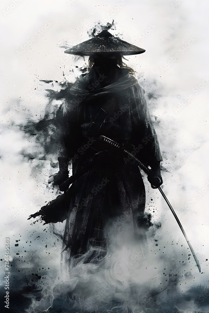 Obraz premium Shadowy Travels of a Solitary Ronin Warrior Amid the Mystic Mist and Smoke