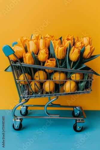 A miniature shopping cart is filled with bright yellow tulips and whole lemons, set against a striking blue background, creating a colorful and cheerful composition that evokes a sense of springtime