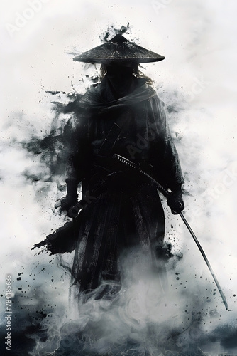 Shadowy Travels of a Solitary Ronin Warrior Amid the Mystic Mist and Smoke photo