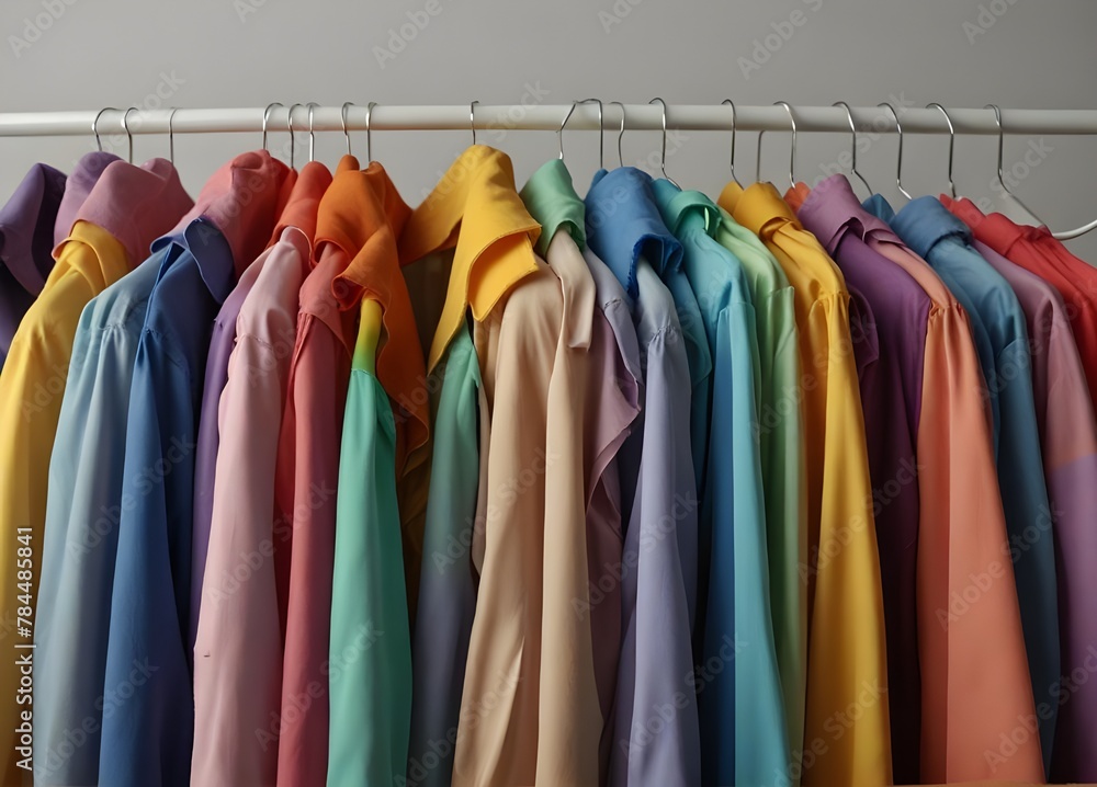 Rack with bright clothes on light blue background. Rainbow colors
Rack with bright clothes on light blue background. Rainbow colors
