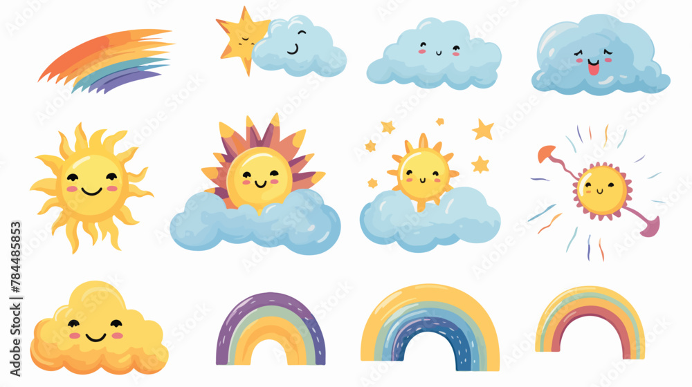 Rainbow clouds and sun set of cartoon characters li - obrazy, fototapety, plakaty 