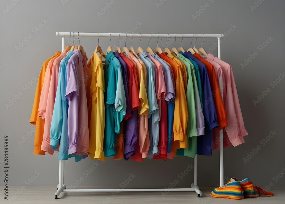 Rack with bright clothes on light blue background. Rainbow colors
