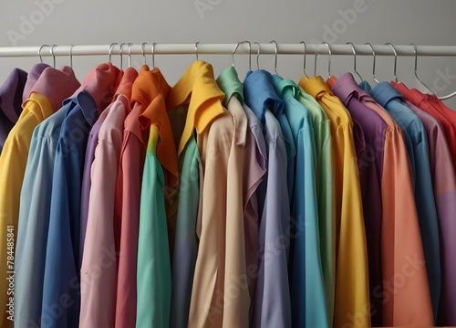 Rack with bright clothes on light blue background. Rainbow colors
