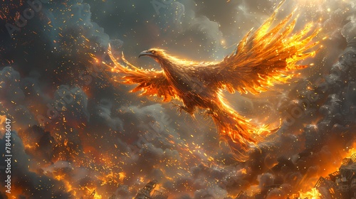 A cybernetic phoenix rising from the ashes, its metallic feathers shimmering in the sunlight as it takes flight against a backdrop of smoldering ruins