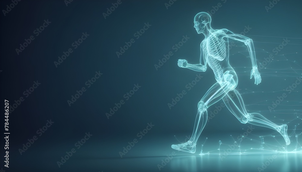 Exploring orthopedic technology: an x-ray interface displaying a graphic of a running figure with highlighted bones and joints, showcasing advancements in orthopedic care