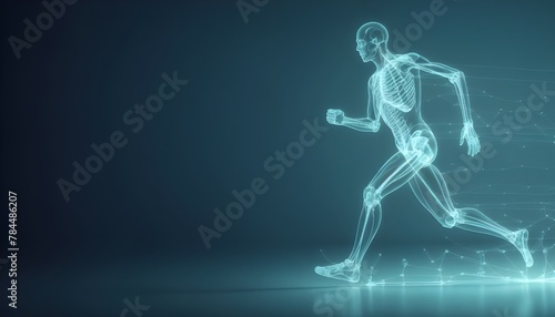 Exploring orthopedic technology: an x-ray interface displaying a graphic of a running figure with highlighted bones and joints, showcasing advancements in orthopedic care