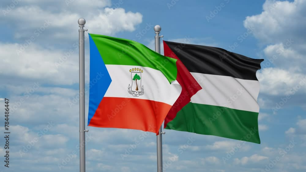 Palestine and Gaza Strip and Equatorial Guinea two flags waving together on blue sky, looped video Palestine and Gaza Strip and Equatorial Guinea two flags waving together on blue sky, looped video