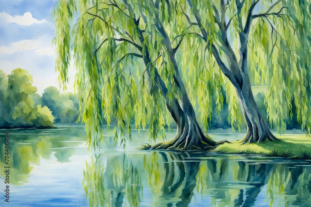 Watercolor painting o riverside scene with weeping willow trees over ...